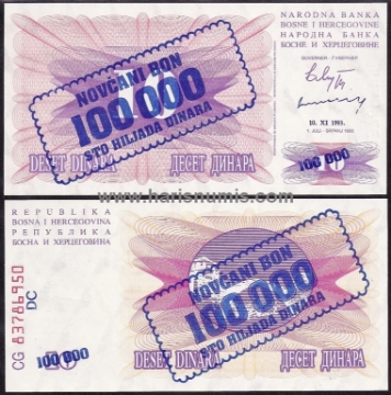 Picture of BOSNIA HERZEGOVINA 100.000 Dinara 10.11.1993 P34b UNC