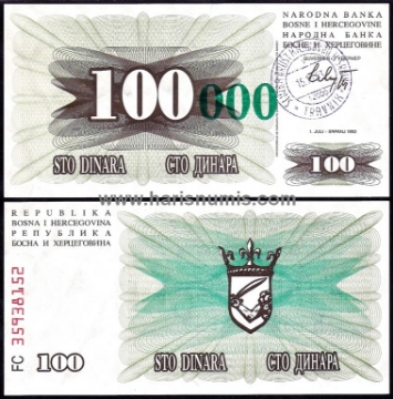 Picture of BOSNIA HERZEGOVINA 100.000 Dinara 15.10.1993 P56a UNC