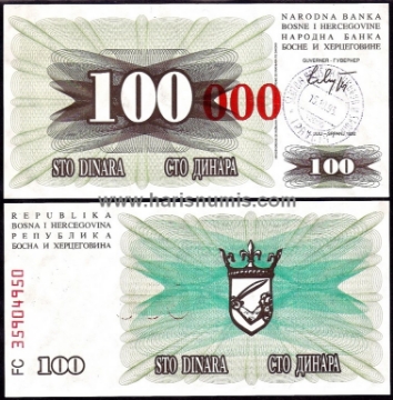 Picture of BOSNIA HERZEGOVINA 100.000 Dinara 15.10.1993 P56b UNC