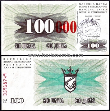 Picture of BOSNIA HERZEGOVINA 100.000 Dinara 24.12.1993 P56d UNC