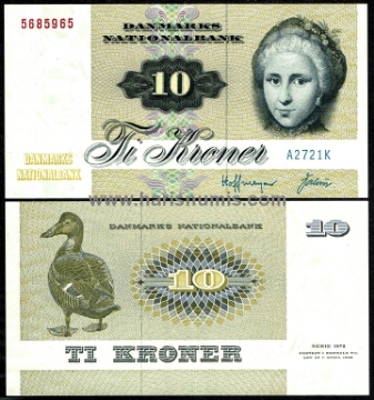Picture of DENMARK 10 Kroner 1972 A2 type 1 P48a UNC