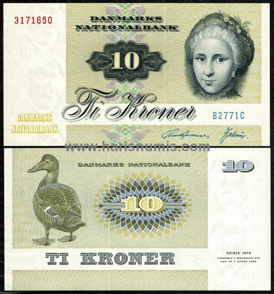 Picture of DENMARK 10 Kroner 1977 B2 type 1 P48g UNC