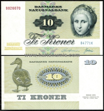 Picture of DENMARK 10 Kroner 1977 B4 type 1 P48g UNC