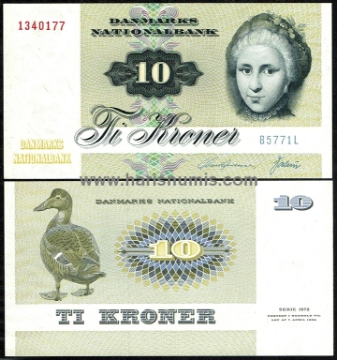 Picture of DENMARK 10 Kroner 1977 B5 type 1 P48g UNC