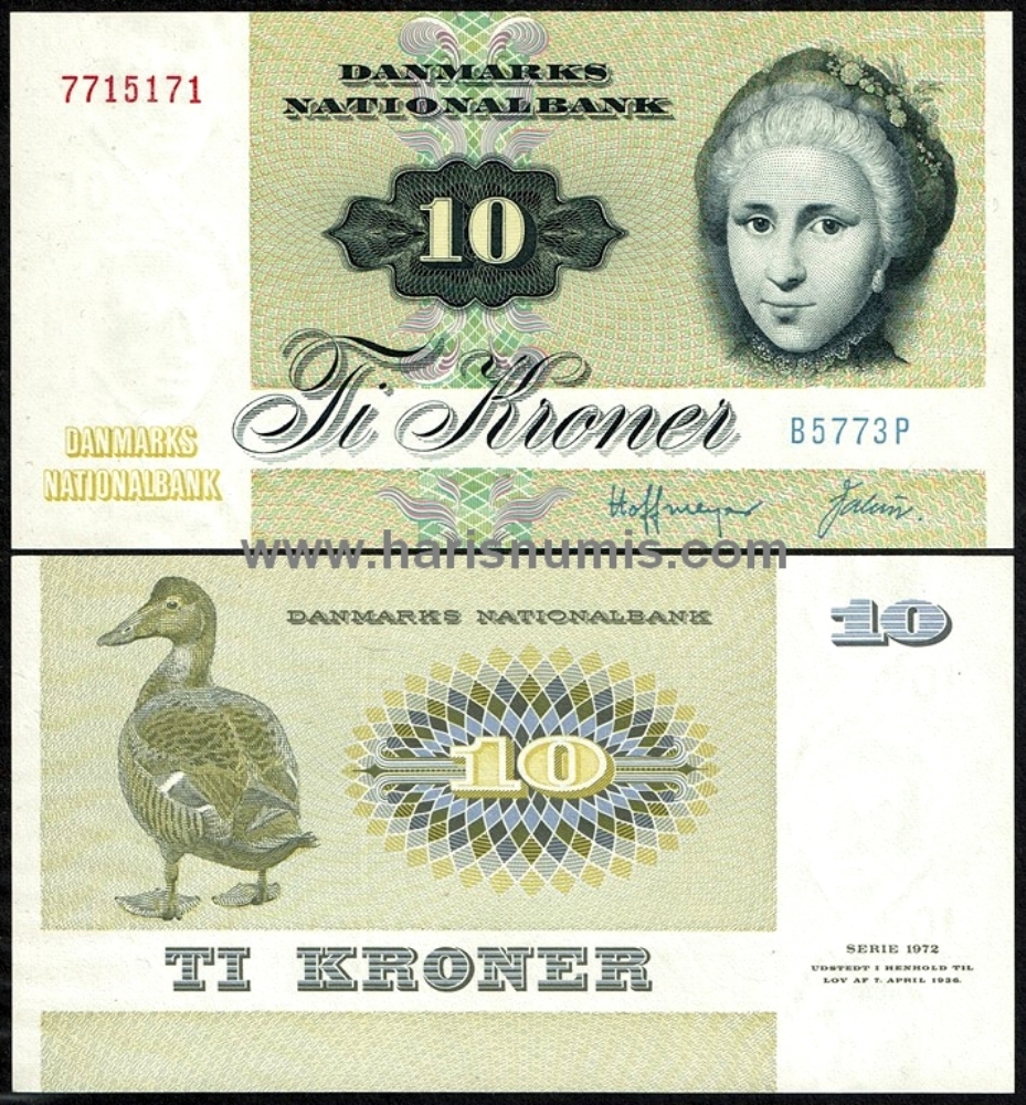 Picture of DENMARK 10 Kroner 1977 B5 type 3 P48g UNC