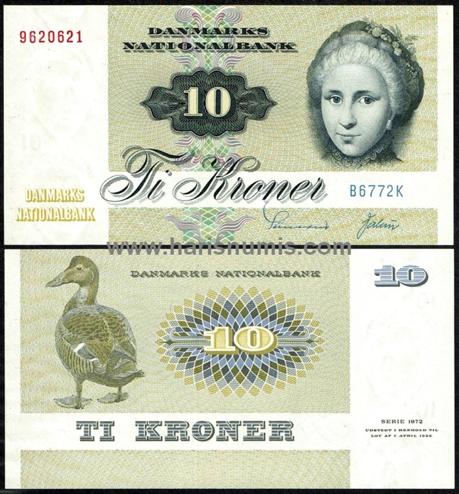 Picture of DENMARK 10 Kroner 1977 B6 type 2 P48g UNC