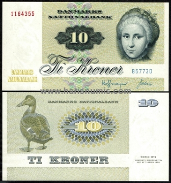 Picture of DENMARK 10 Kroner 1977 B6 type 3 P48g UNC