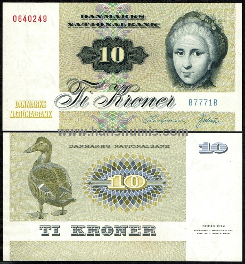 Picture of DENMARK 10 Kroner 1977 B7 type 1 P48g UNC