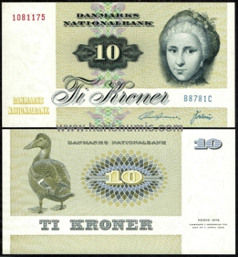 Picture of DENMARK 10 Kroner 1978 B8 type 1 P48h UNC