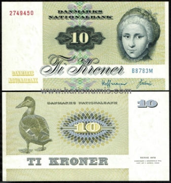 Picture of DENMARK 10 Kroner 1978 B8 type 3 P48h UNC