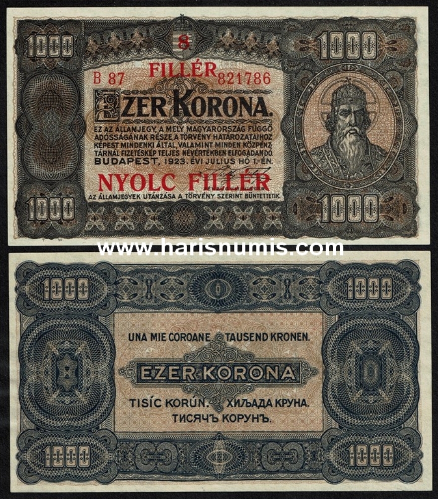 Picture of HUNGARY 8 Fillér on 1000 Korona 1923 P81b UNC