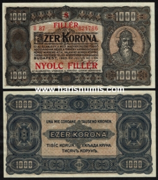 Picture of HUNGARY 8 Fillér on 1000 Korona 1923 P81b UNC