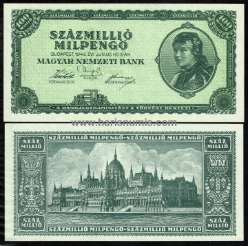 Picture of HUNGARY 100 Million Milpengo 1946 P130 UNC