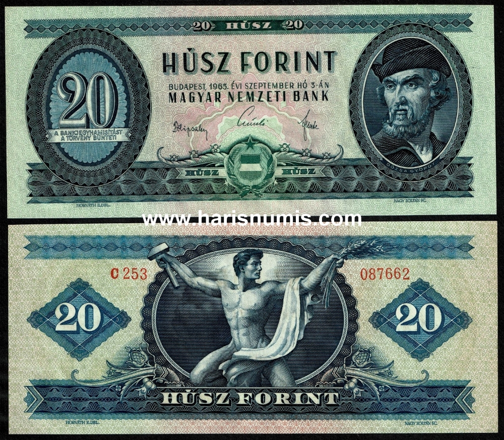 Picture of HUNGARY 20 Forint 1965 P169d UNC