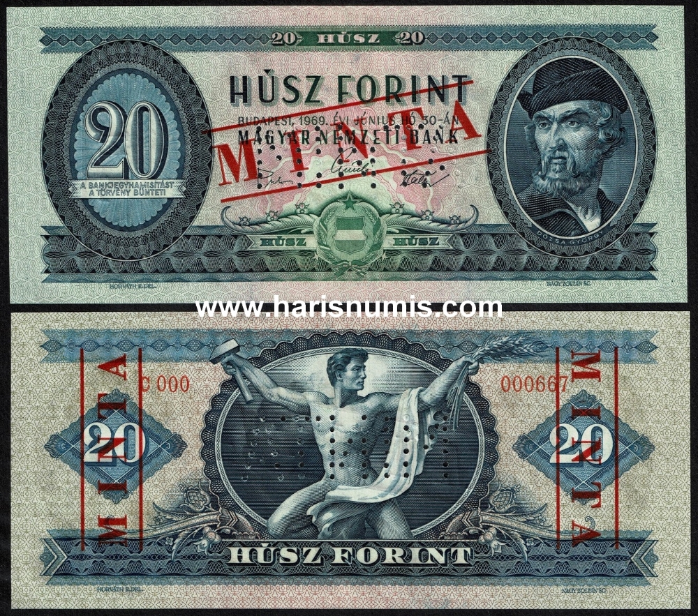 Picture of HUNGARY 20 Forint 1969 Specimen P 169es UNC