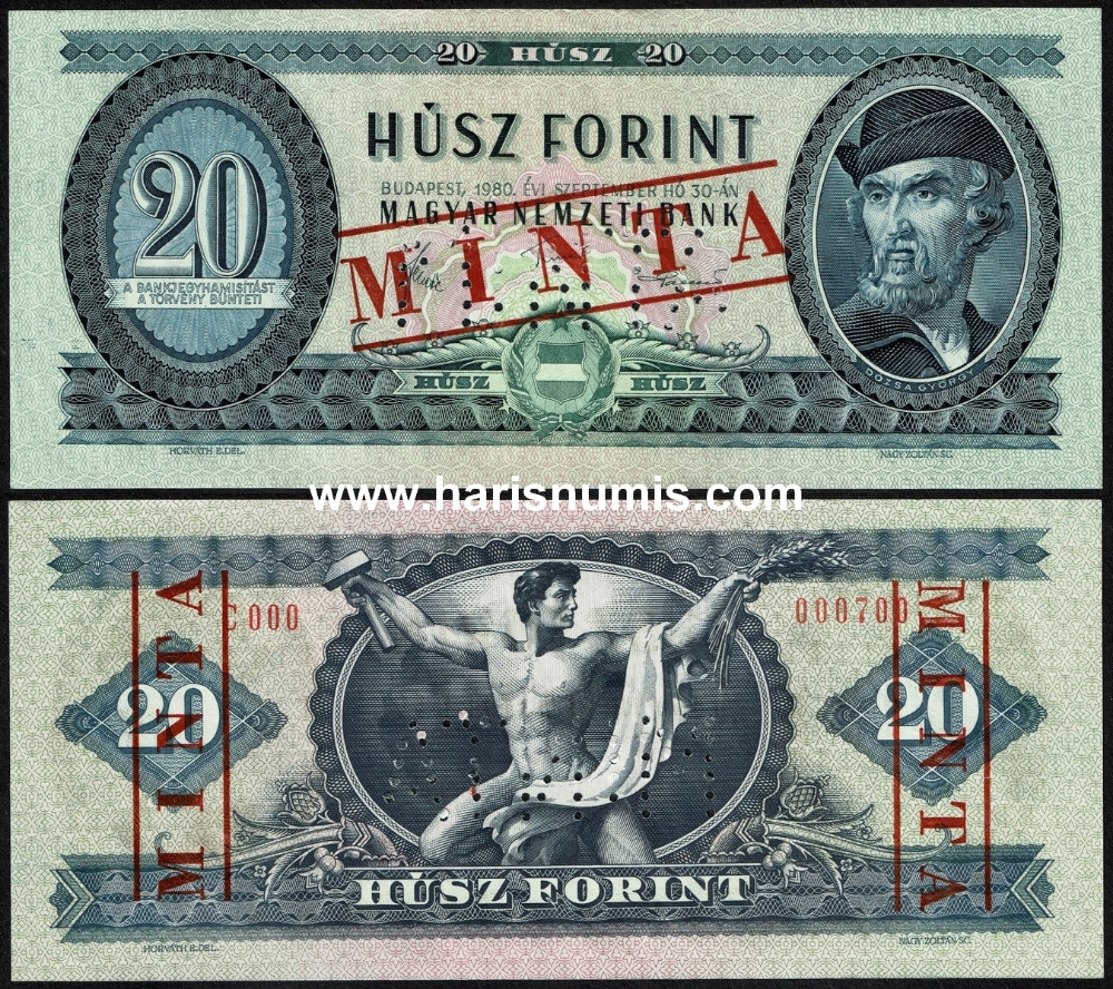 Picture of HUNGARY 20 Forint 1980 Specimen P 169gs UNC