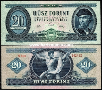 Picture of HUNGARY 20 Forint 1969 P169e UNC