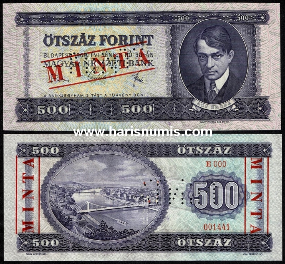 Picture of HUNGARY 500 Forint 1969 Specimen P 172as UNC