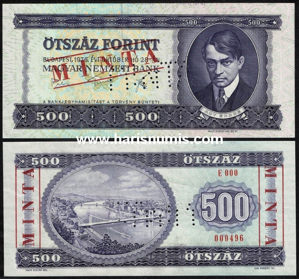 Picture of HUNGARY 500 Forint 1975 Specimen P 172bs UNC