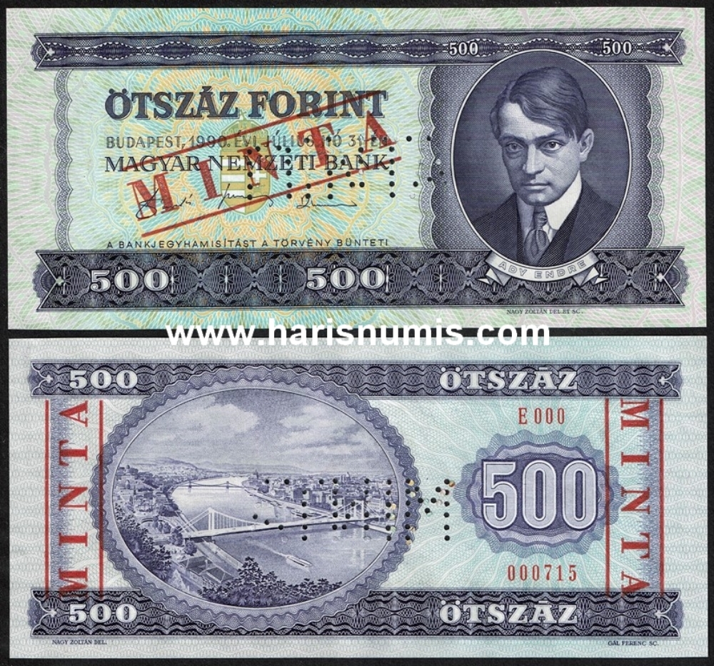 Picture of HUNGARY 500 Forint 1990 Specimen P 175s UNC