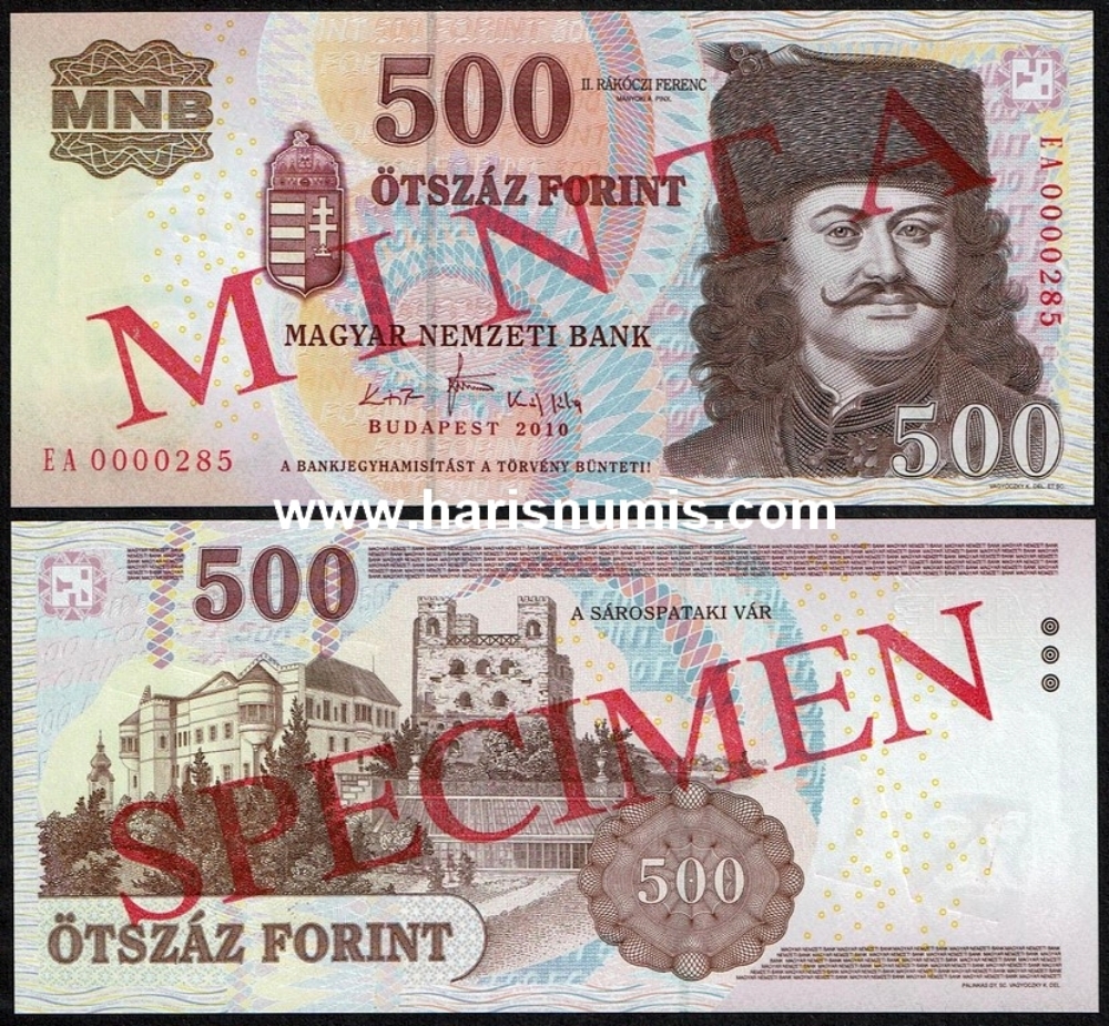 Picture of HUNGARY 500 Forint 2010 Specimen P 196cs UNC