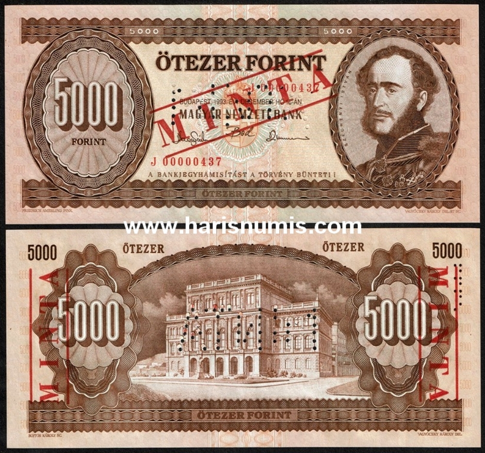 Picture of HUNGARY 5000 Forint 1993 Specimen P 177cs UNC