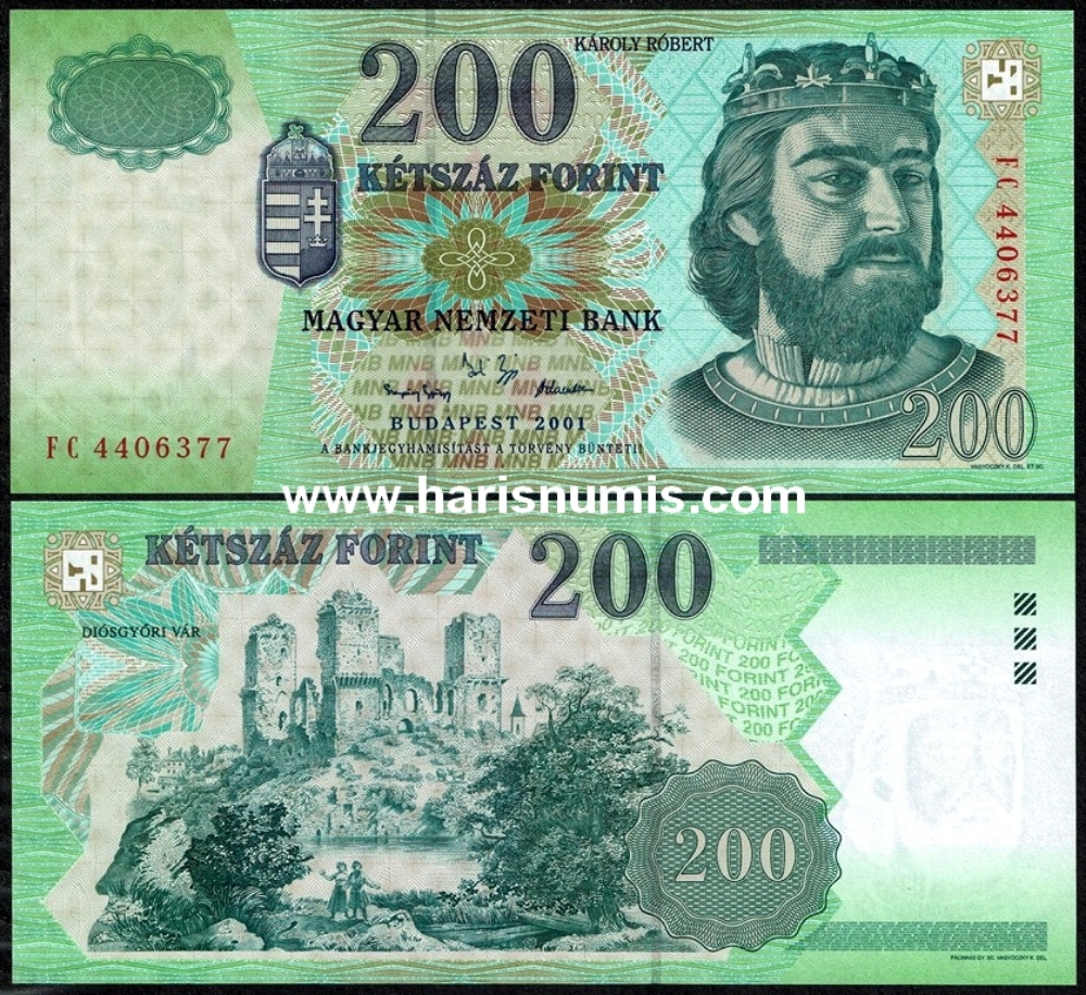 Picture of HUNGARY 200 Forint 2001 P 187a UNC