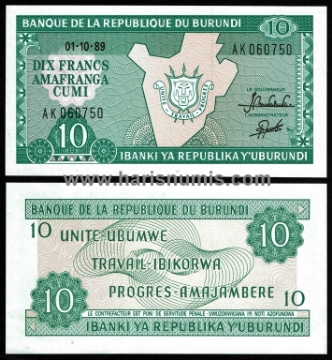 Picture of BURUNDI 10 Francs 1989 P33b UNC