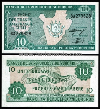 Picture of BURUNDI 10 Francs 1997 P33d UNC