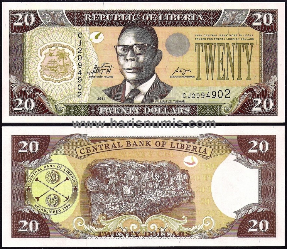 Picture of LIBERIA 20 Dollars 2011 P 28f UNC