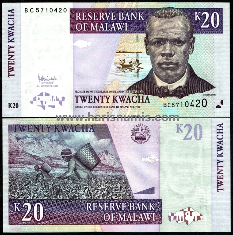 Picture of MALAWI 20 Kwacha 2007 P 52c UNC