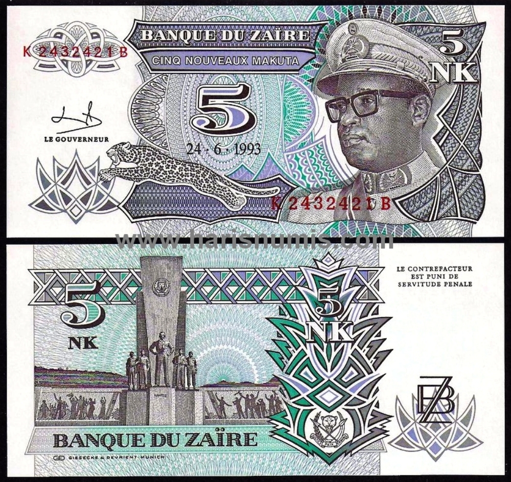 Picture of ZAIRE 5 Nouveaux Makuta 1993 P48 UNC