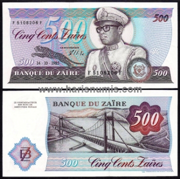 Picture of ZAIRE 500 Zaires 1985 P30b UNC