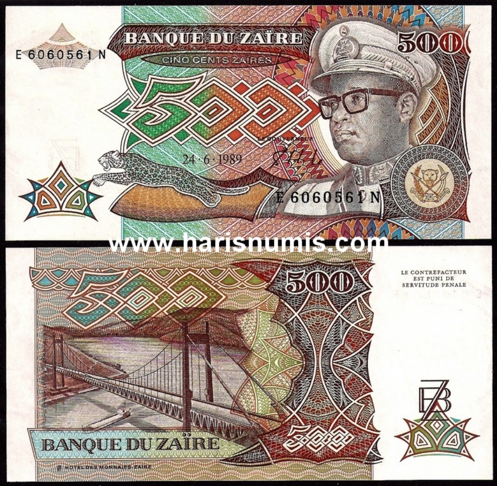 Picture of ZAIRE 500 Zaires 1989 P 34 UNC