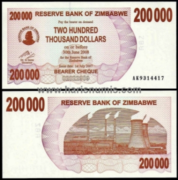 Picture of ZIMBABWE 200.000 Dollars 2007 P49 UNC