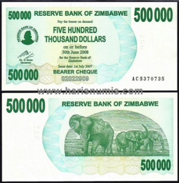 Picture of ZIMBABWE 500.000 Dollars 2007 P51 UNC