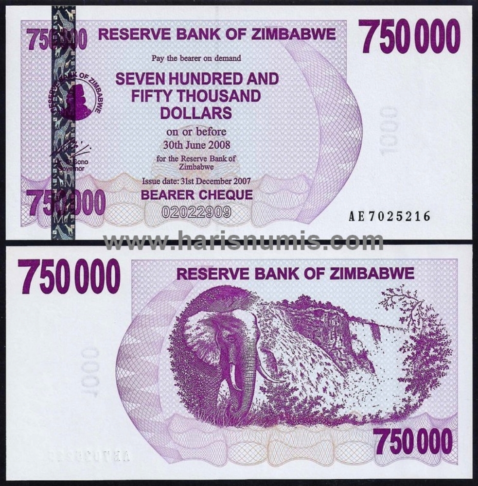 Picture of ZIMBABWE 750.000 Dollars 2007 P52 UNC