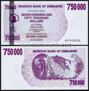 Picture of ZIMBABWE 750.000 Dollars 2007 P52 UNC