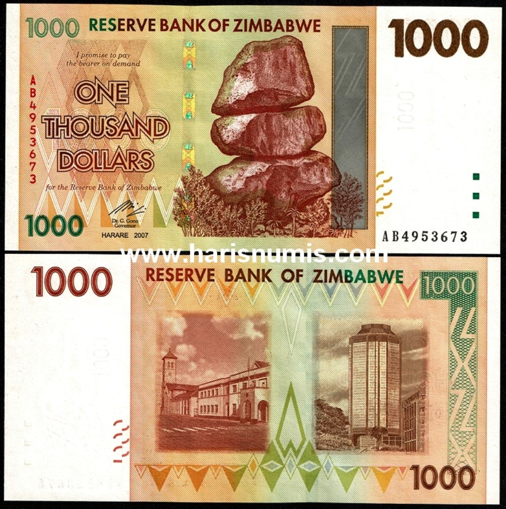 Picture of ZIMBABWE 1000 Dollars 2007 P71 UNC