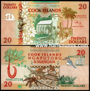 Picture of COOK ISLANDS 20 Dollars ND(1992) P9a UNC