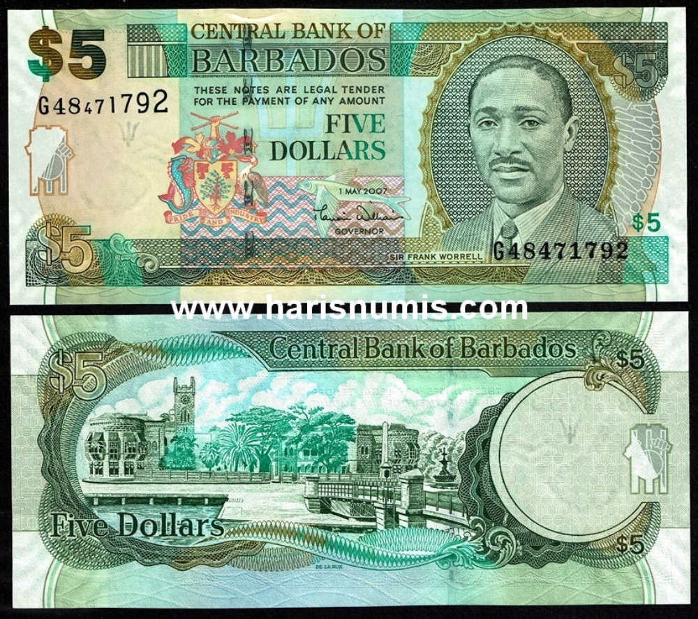 Picture of BARBADOS 5 Dollars 2007 P 67a UNC