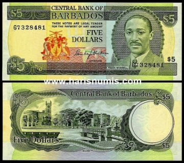 Picture of BARBADOS 5 Dollars ND(1975) P 32 UNC