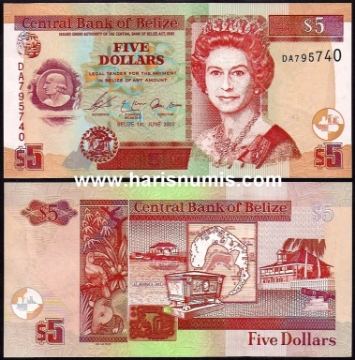 Picture of BELIZE 5 Dollars 2003 P67a UNC