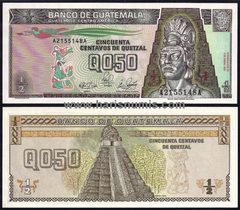 Picture of GUATEMALA 1/2 Quetzal 1989 P 72a UNC