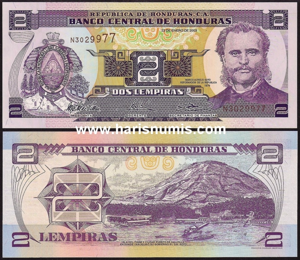 Picture of HONDURAS 2 Lempiras 2003 P80Ad UNC