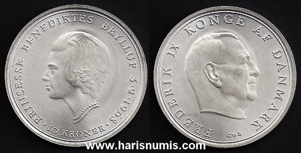 Picture of DENMARK 10 Kroner 1968 Comm. Silver KM857 UNC