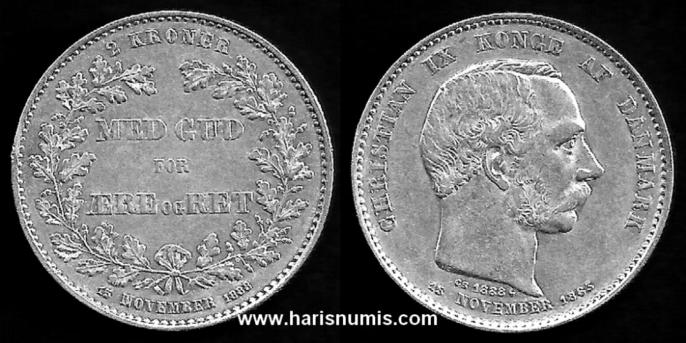 Picture of DENMARK 2 Kroner 1888 Comm. Silver KM799 VF+/XF