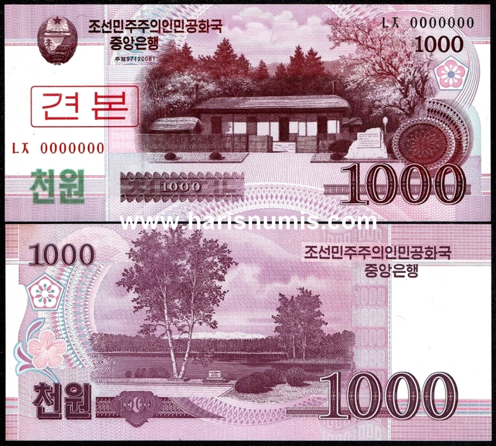 Picture of KOREA NORTH 1000 New Won 2008 Specimen P 64s UNC