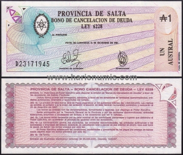 Picture of ARGENTINA - SALTA 1 Austral 1987 P S2612 UNC