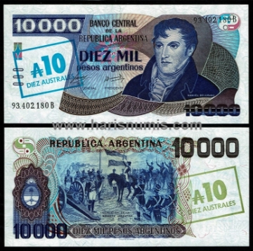 Picture of ARGENTINA 10 Australes on 10.000 Pesos ND(1985) P322c UNC